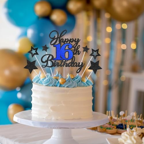 Happy 16th Birthday Cake Topper - Black Blue Glitter Decoration