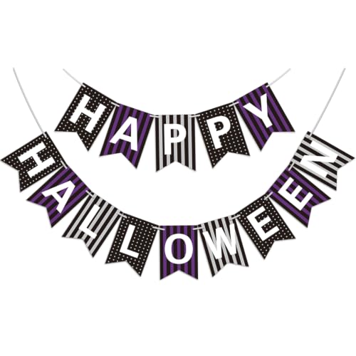 Happy Halloween Banner - Purple & Black Stripes Party Decor