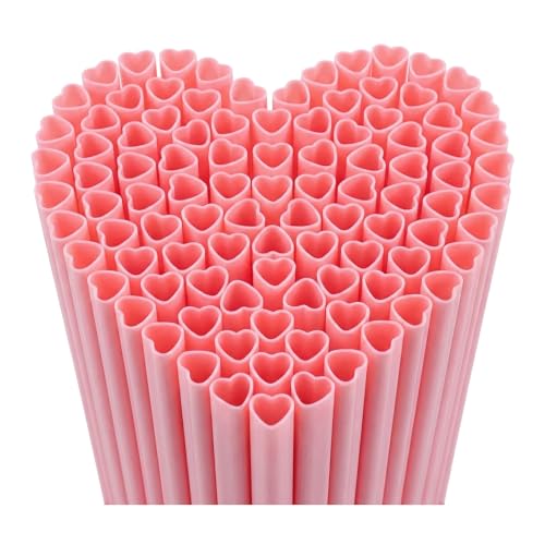100 Heart Shaped Pink Straws - Individually Wrapped Disposable Straws for Parties