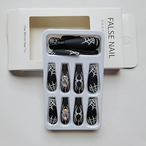 Black Halloween Press on Nails Long Coffin Fake Nails with Spider Web Design 24Pcs
