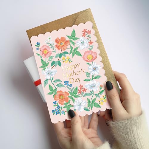 Pink Floral Mother's Day Card with Gold Foil & Scalloped Edges
