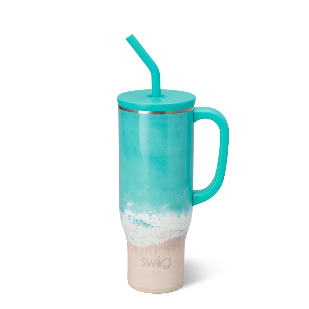 Swig Life 30oz Mega Mug, 30oz Tumbler with Handle and Straw, Large Insulated Tumblers, Cup Holder Friendly Travel Mug, Stainless Steel 30 oz Tumbler, Reusable Insulated Water Bottle (High Tide)