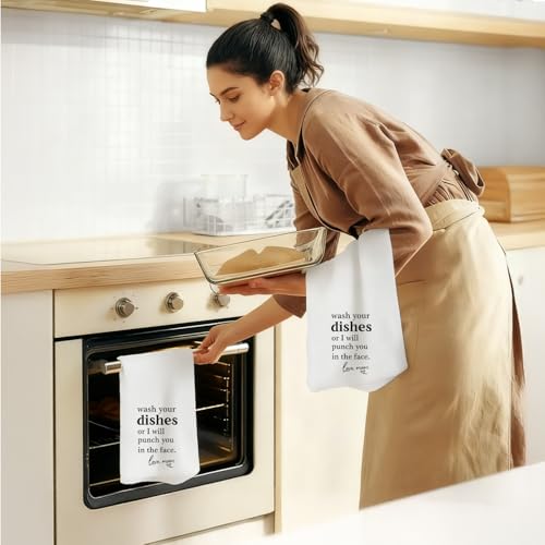 Funny Kitchen Dish Towels - 'Wash Dishes or I Will Punch You' 16x24 Inch