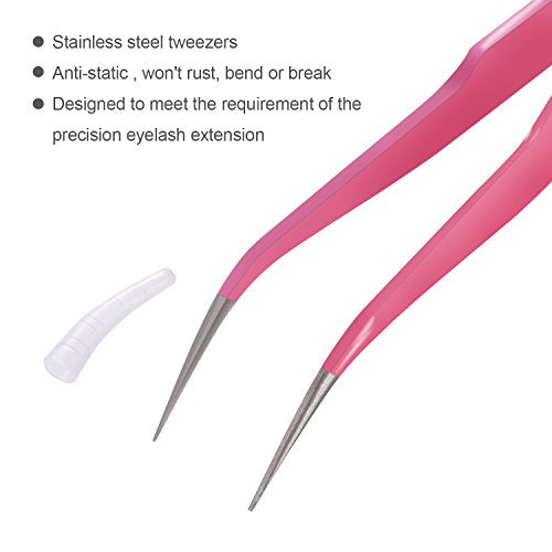 Hotop Eyelash Extension Tweezers Set - Straight and Curved Stainless Steel False Lash Application Tools with Storage Bag, Pink