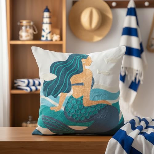 Mermaid Pillow Cover for Girls - 18x18 Inch Coastal Decor