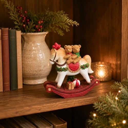 Bear Couple Christmas Figurine on Rocking Horse Decor