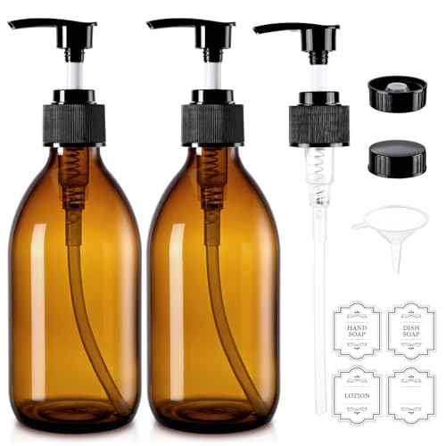 10 oz Amber Glass Pump Bottle Set - Refillable Lotion Dispenser