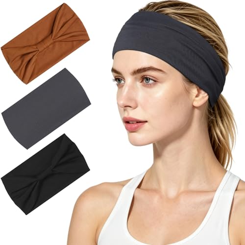 WantGor Wide Elastic Headbands for Women - 3 Pack Stretchy Knotted Sports Sweat Bands