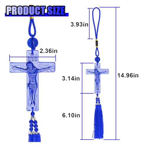 Crystal Jesus Cross Rearview Mirror Charm with Tassel - Blue