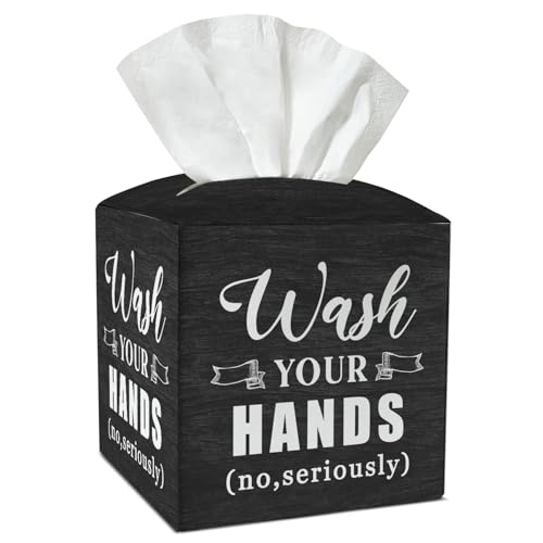 Wash Your Hands Leather Tissue Box Cover - Square Tissue Holder for Bathroom