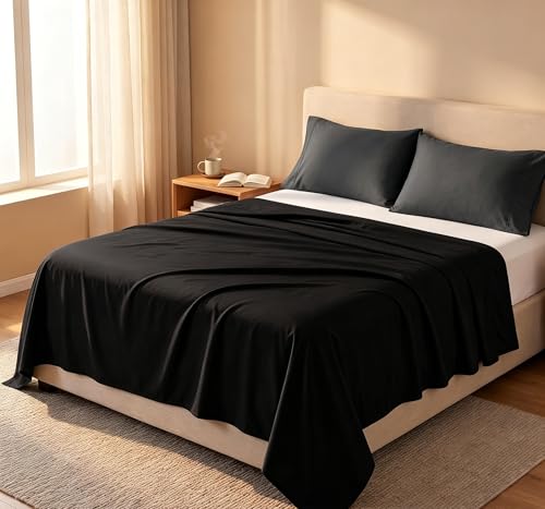 Luxury Brushed Microfiber Flat Sheet (Queen, Black) - Soft & Durable