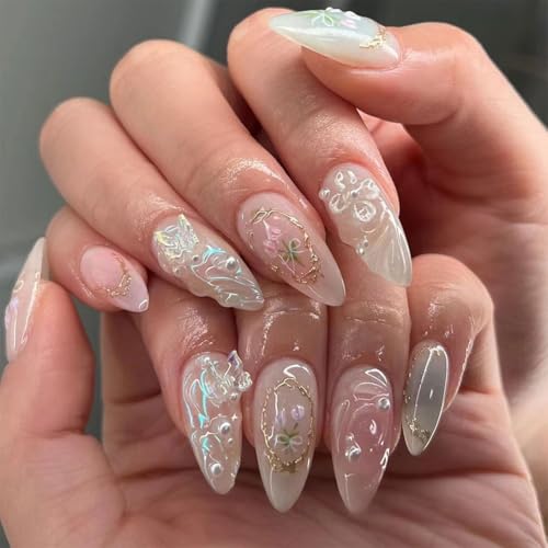 3D Butterfly Press On Nails Almond French False Nails 24PCS Kit