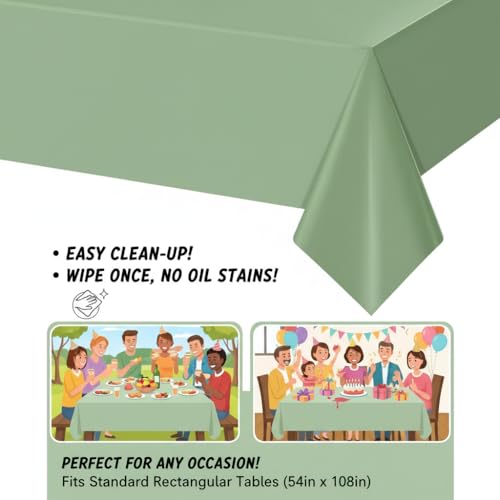 Sage Green Plastic Tablecloth 3-Pack - 54x108 Inch Disposable Table Cover