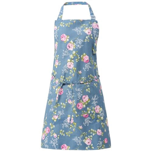 DILLMAN Floral Cotton Linen Apron for Women with Pockets