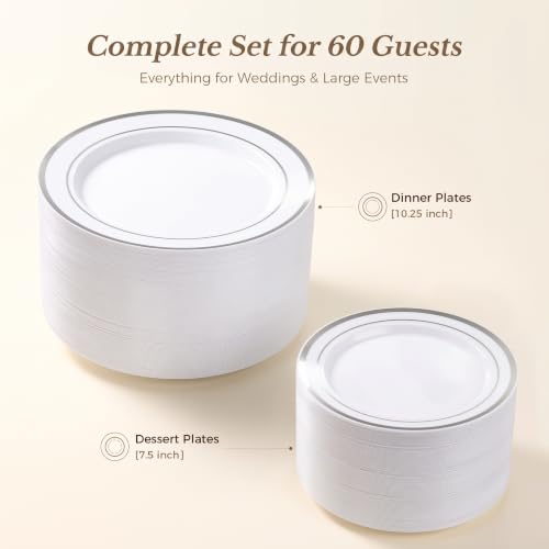 Heavy Duty Silver Plastic Plates 120PCS Set for Parties and Events - Variation of Silver / 120PCS