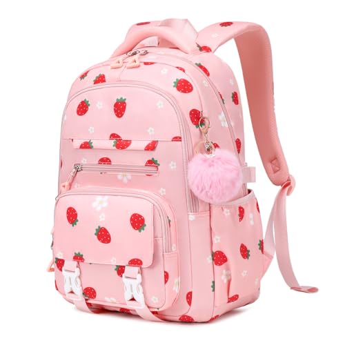 ASKSKY Girls School Backpack - Pink Strawberry Kawaii Bookbag for Teens