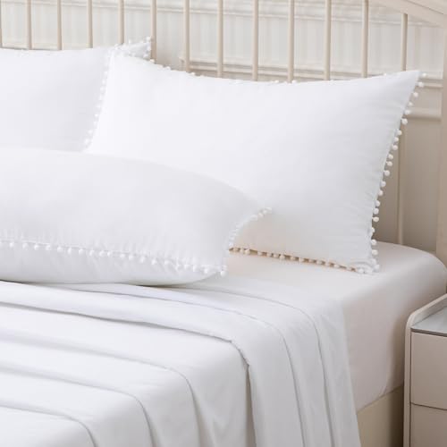 White Queen Pom Poms Pillow Shams Set of 2 - Soft Microfiber Cases
