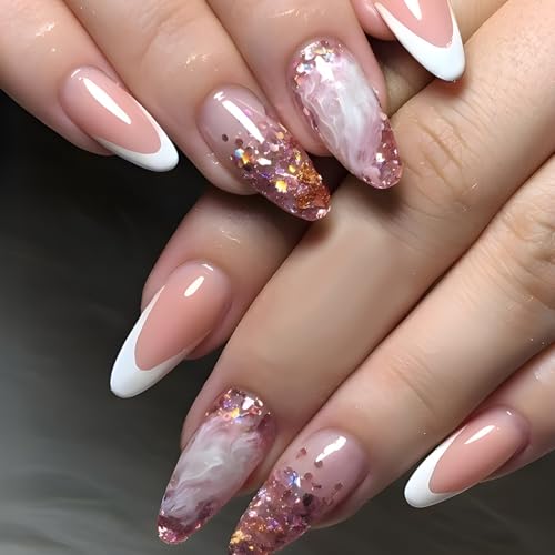 French Tip Press on Nails Medium Square Sparkly Starry Sky Design