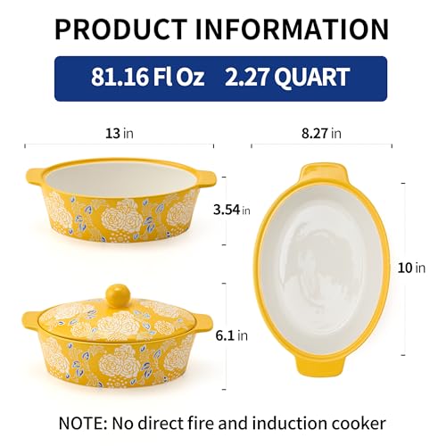 Yellow Ceramic Casserole Dish with Lid - Oven Safe Baking Pan for Cooking & Serving