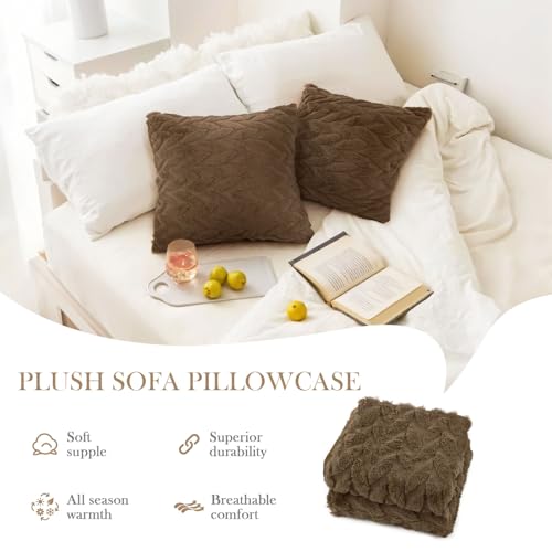 Brown Faux Fur Throw Pillow Covers 18x18 Inch, Set of 2 Embroidered Leaf
