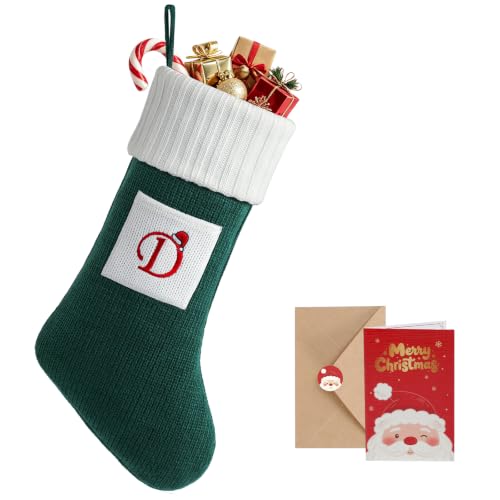 Christmas Stockings with Initials 19 Inches Green & White Knit with Greeting Card - Letter D Variation