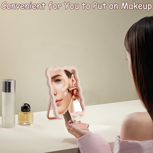 Wave-Shaped Pink Desk Mirror, Portable Folding Makeup Mirror 6.7x5.3 Inch