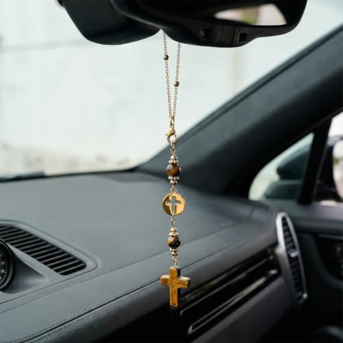 Craedli Tiger Eye Crystal Cross Car Mirror Hanging Charm Boho Auto Decor