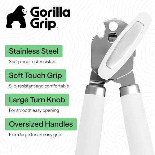 GORILLA GRIP Stainless Steel Manual Can Opener, Soft Grip, White