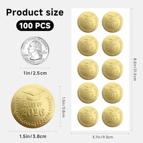 100 Pack Gold Foil Graduation Stickers for Class of 2026