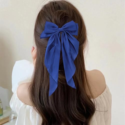 Dladhict Royal Blue Satin Hair Bow Clip, Large Long Ribbon Hair Barrette