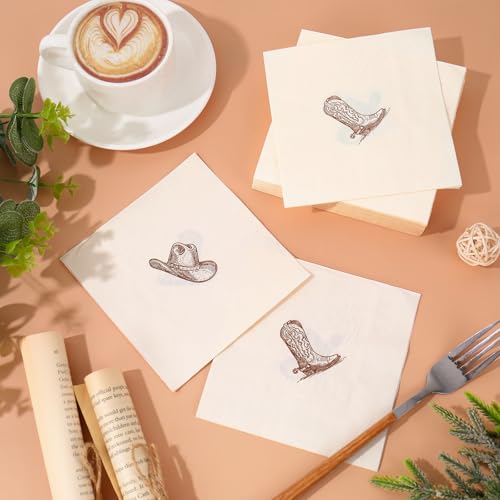 Whaline Western Cowboy Cocktail Napkins - 50 Pcs, Brown Boot & Hat Design