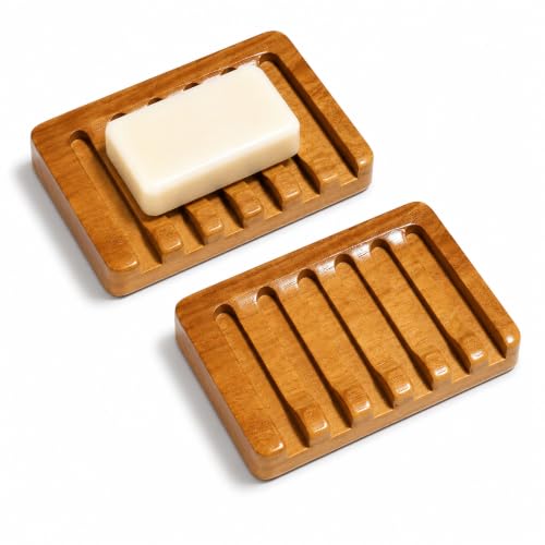 Set of 2 Teak Wood Soap Dishes with Sloped Drain, Bathroom & Kitchen