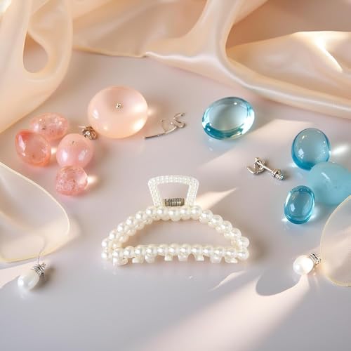 Large White Pearl Hair Claw Clips 2-Pack for Thick and Thin Hair