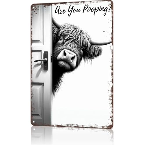 Funny Highland Cow Bathroom Wall Decor Sign - 8x12 Inch Aluminum