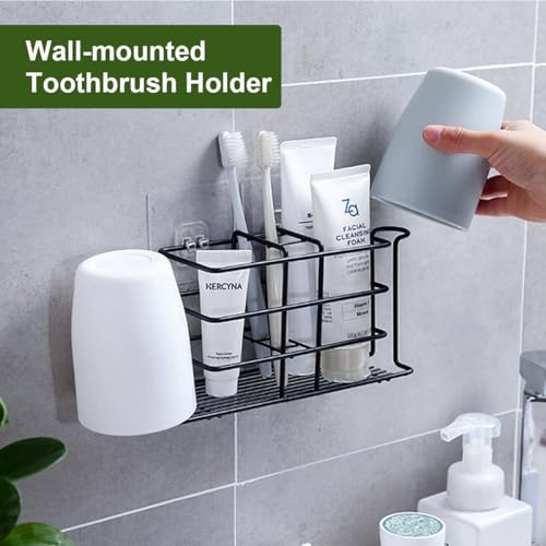 Wall-Mounted Toothbrush Holder with Cups - Black Metal Organizer