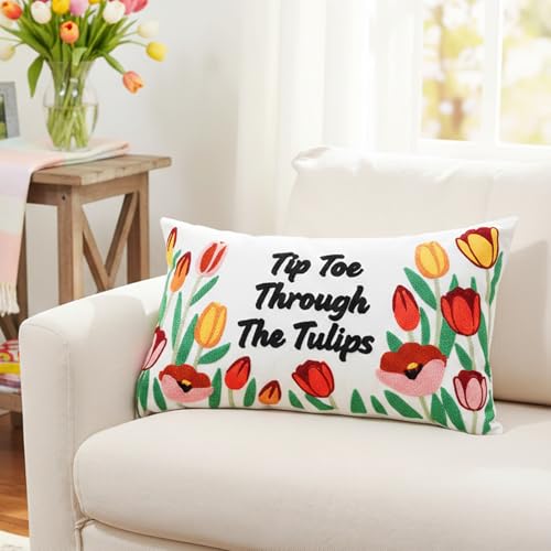 Embroidered Flower Tulip Pillow Cover 12x20 Inch for Home Decor