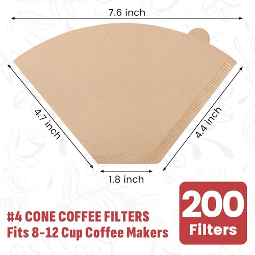 #4 Cone Coffee Filters, 200 Count Unbleached Natural Paper for Drip & Pour Over