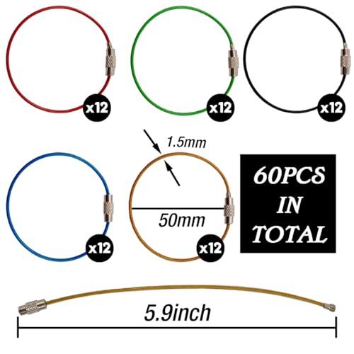 60PCS 6 inch Steel Wire Keychain, Colored Nylon Coated Stainless Steel Metal Wire Keychains, 1.5 mm Key Rings Loops for Hanging Luggage Tags, Keys and ID Tag Keepers