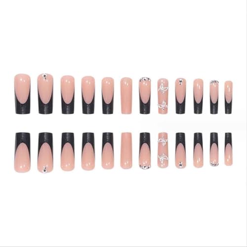 IKISKT Long Square Press On Nails Rhinestone Pink Nude False Nails