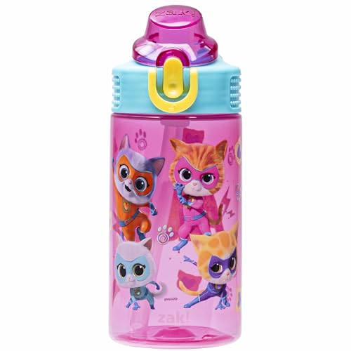 Zak Designs SuperKitties 16oz Kids Water Bottle, Leak-Proof Straw Cup