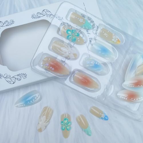 Blue French Tip Press On Nails Medium Almond Summer Fake Nails
