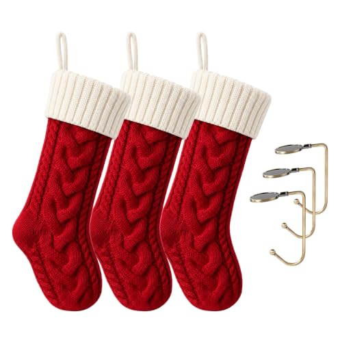Christmas Stockings Set 18 Inch Cable Knit Holiday Hanging Stockings - Red White 3 Pack