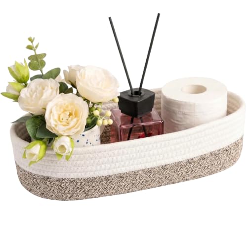 Woven Toilet Paper Basket - Cotton Rope Over Tank Organizer, White & Brown