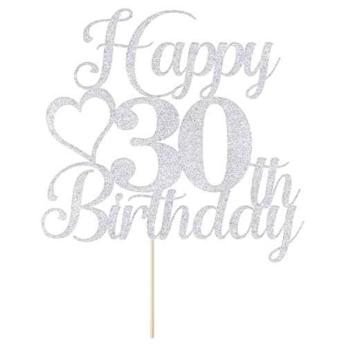 Silver Glitter Happy 30th Birthday Cake Topper Cheers to 30 Years Old Decoration