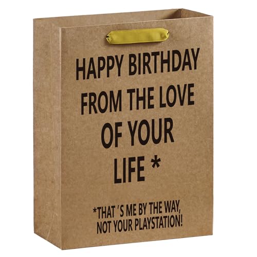 WRAPAHOLIC 13" Large Funny Birthday Kraft Paper Gift Bag for Husband, Wife, Boyfriend