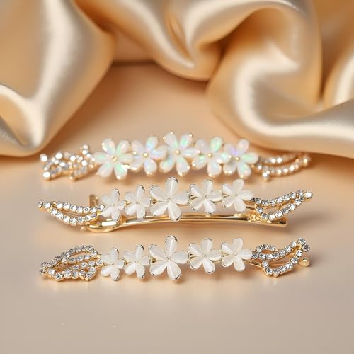 Gold Flower Opal Hair Clips Sparkly Wedding Barrettes 2 Pcs