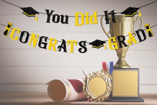 Congrats Grad Banner Set - Black & Gold Graduation Decorations
