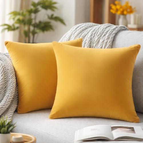QUORGVES Mustard Yellow Velvet Throw Pillow Covers 18x18 Inch Set of 2