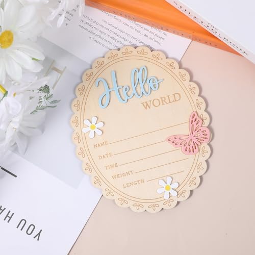 Hello World Newborn Announcement Sign - 5.9x4.7 Inch Wooden Baby Keepsake