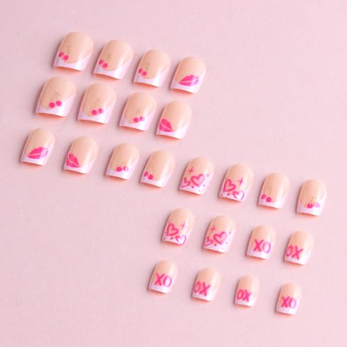 Short Square Press on Nails Valentine French Tip Acrylic False Nails